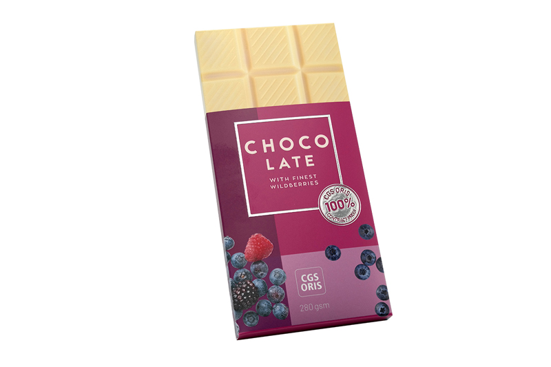 Chocolate packaging prototype with matte and glossy varnish effects, coldfoil and embossing