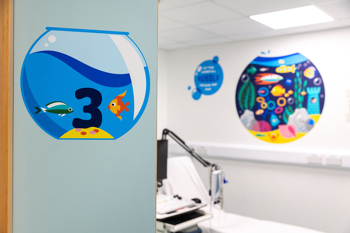 Artwork displayed on treatment room walls and doors